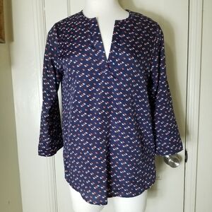 MARKET AND SPRUCE blue coral bird print v neck 3/4 roll tab sleeve smock top